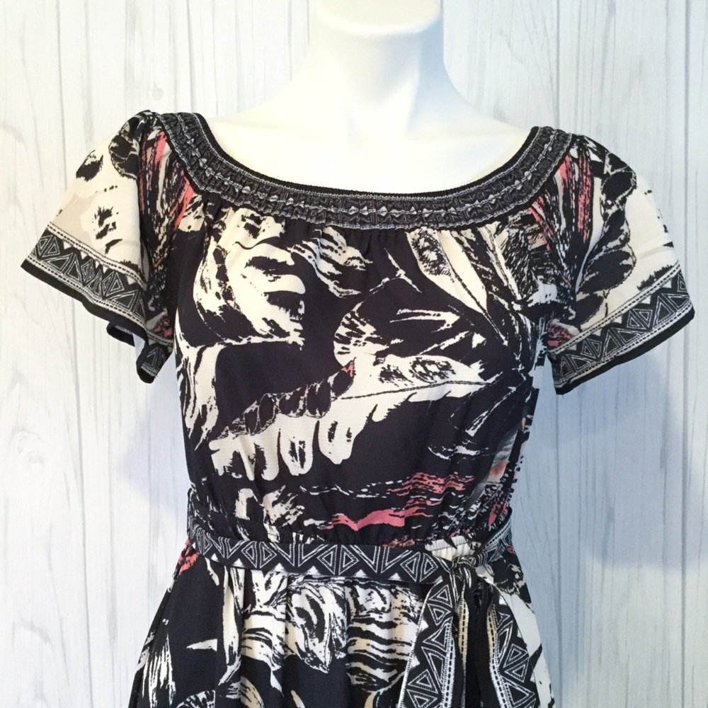 Flying Tomato Black Cream Floral High-Low Off-Shoulder Dress - Picture 4 of 11